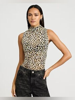 NWT Express Mesh Leopard Sheer Mock Neck Tank Tan Black Size M